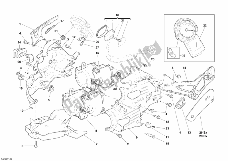 All parts for the Headlight of the Ducati Superbike 999 R USA 2006